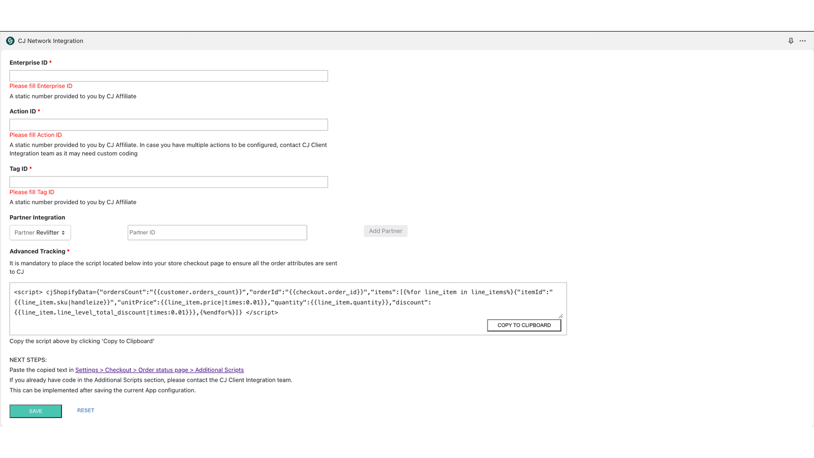 Campos obligatorios de configuración de la aplicación