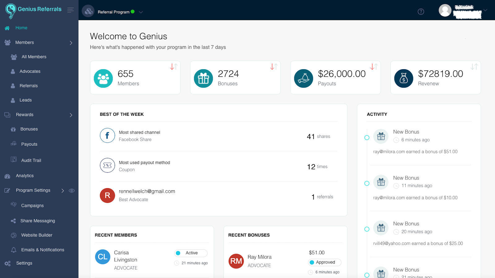 Genius Referrals Client's Dashboard