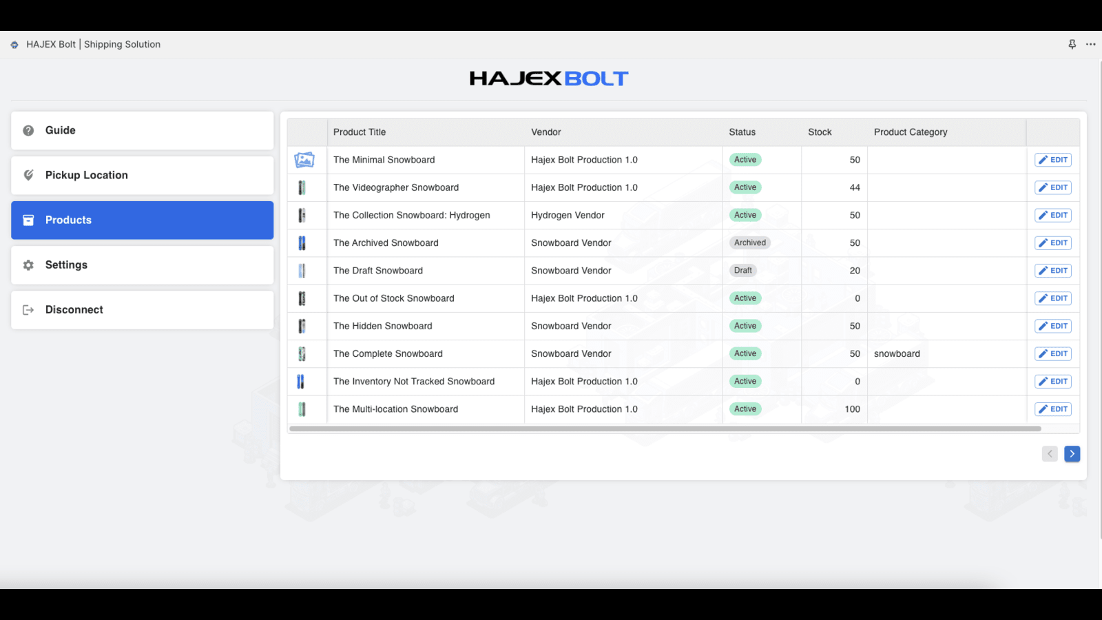 Liste des produits dans l'application HajexBolt