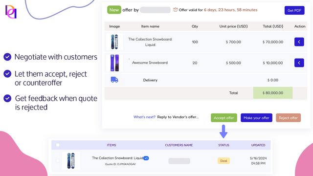 Use Deal Room to negotiate quote with customers. 