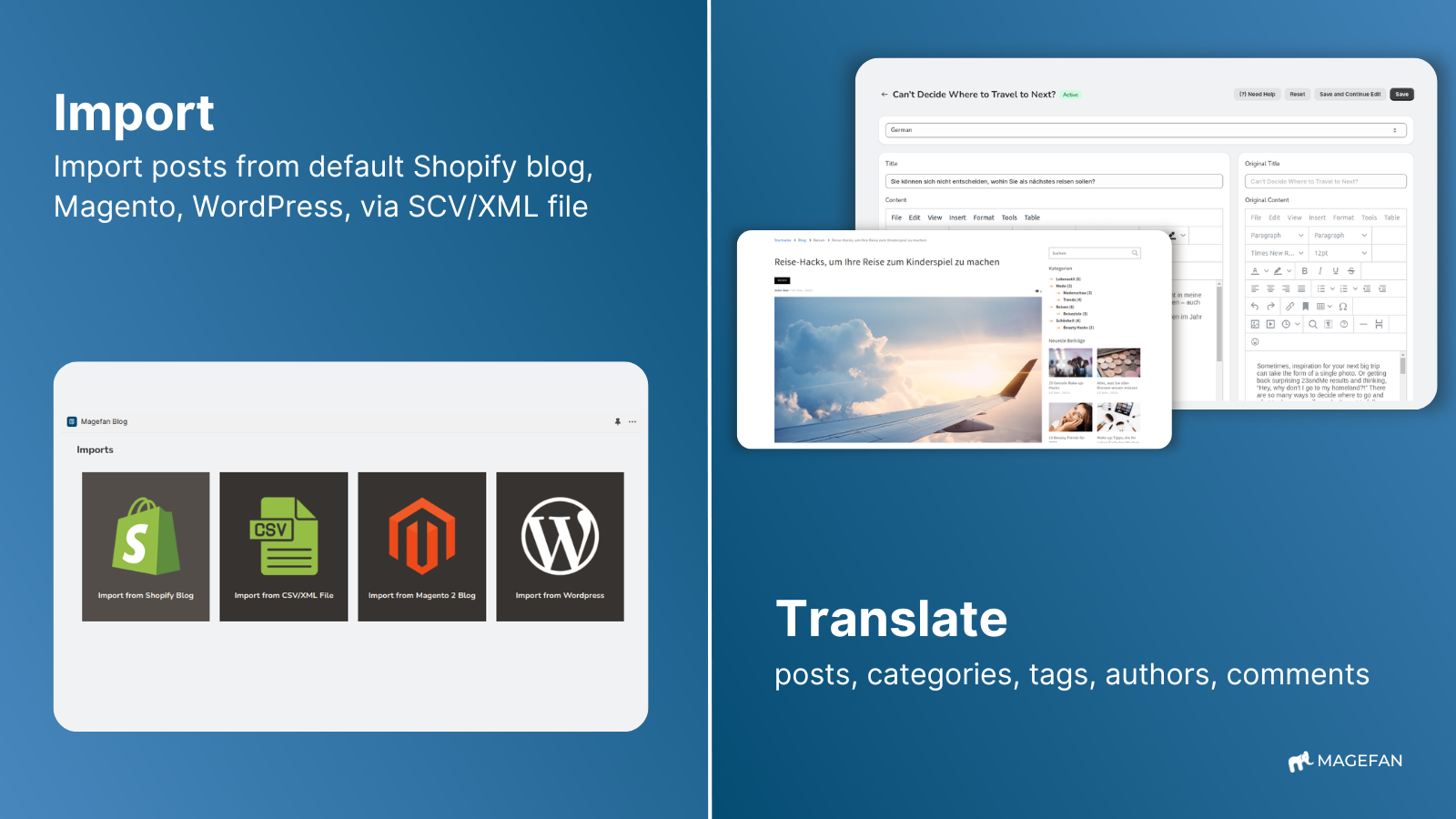 Blog-Import und Übersetzungsoptionen