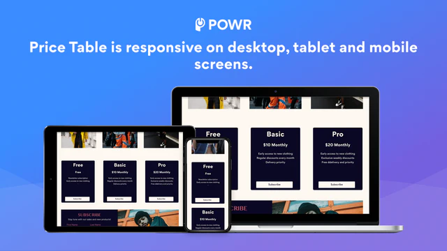 Price Table est responsive sur ordinateur, tablette et mobile.