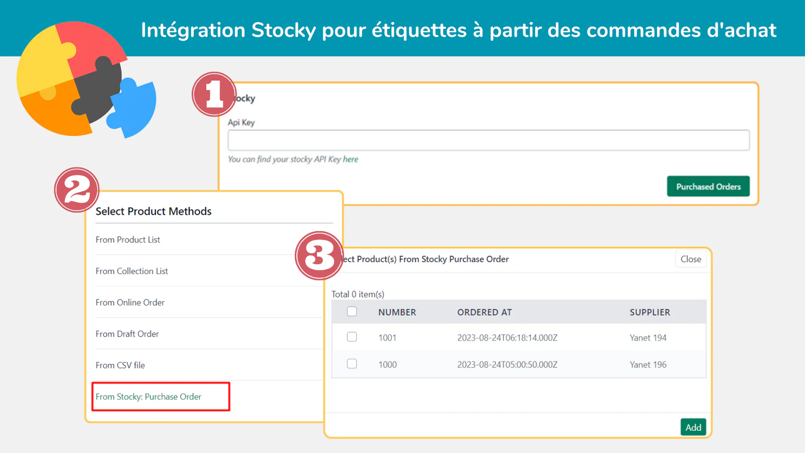 Intégration Stocky pour étiquettes commandes d'achat.