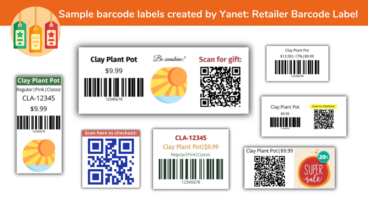 Eksempel på stregkodeetiketter oprettet af Yanet Retailer Barcode Label