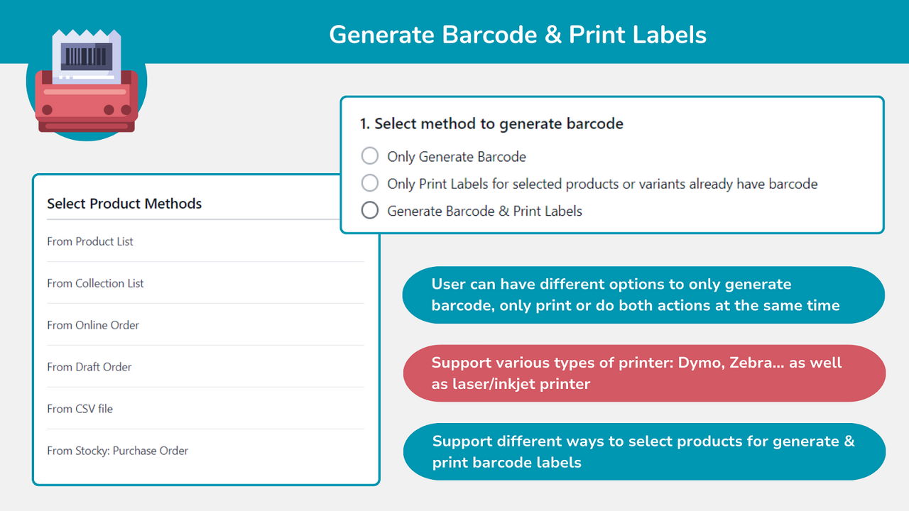 Generate barcode & Print labels by different printers