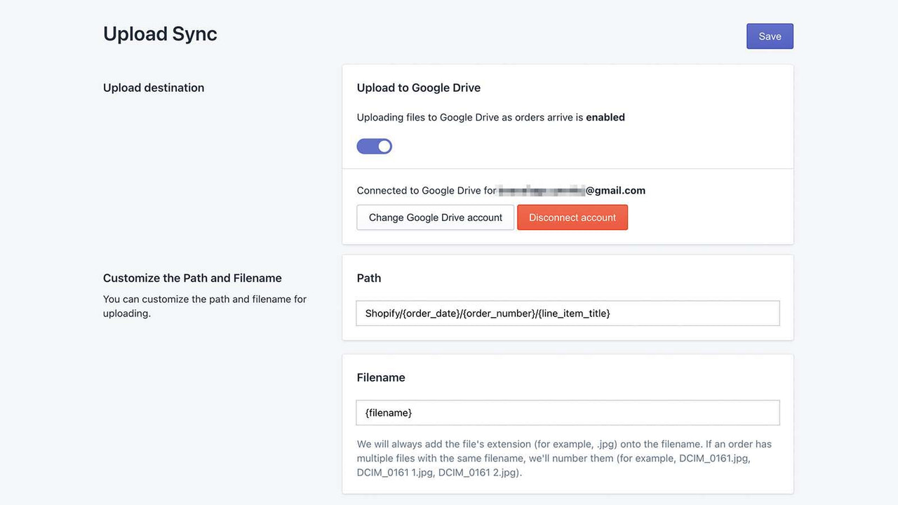 Upload Sync's 'Instellingen' scherm