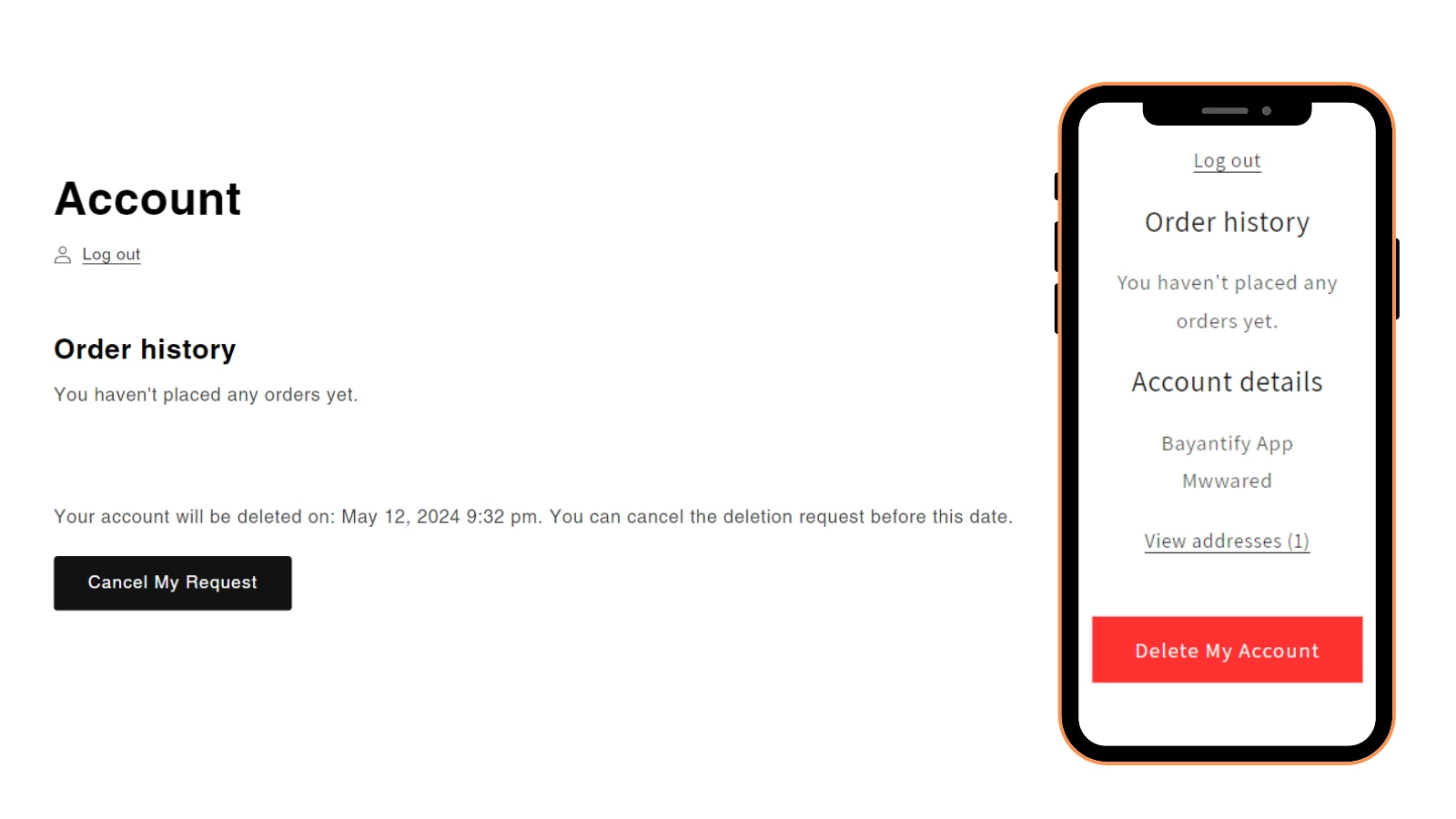 Página de conta do aplicativo Shopify permitindo que os clientes excluam contas