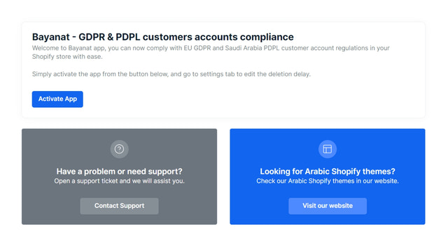 Página de inicio de la aplicación Shopify que permite a los clientes eliminar cuentas