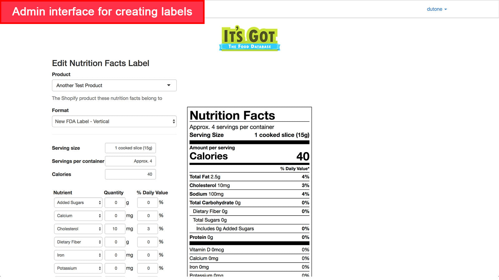 It's Got: Nutrition Facts Screenshot