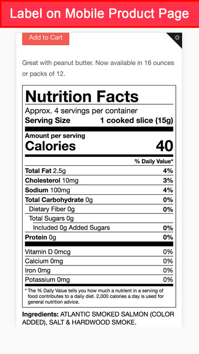 Visualização móvel do rótulo de informações nutricionais vertical FDA 2018