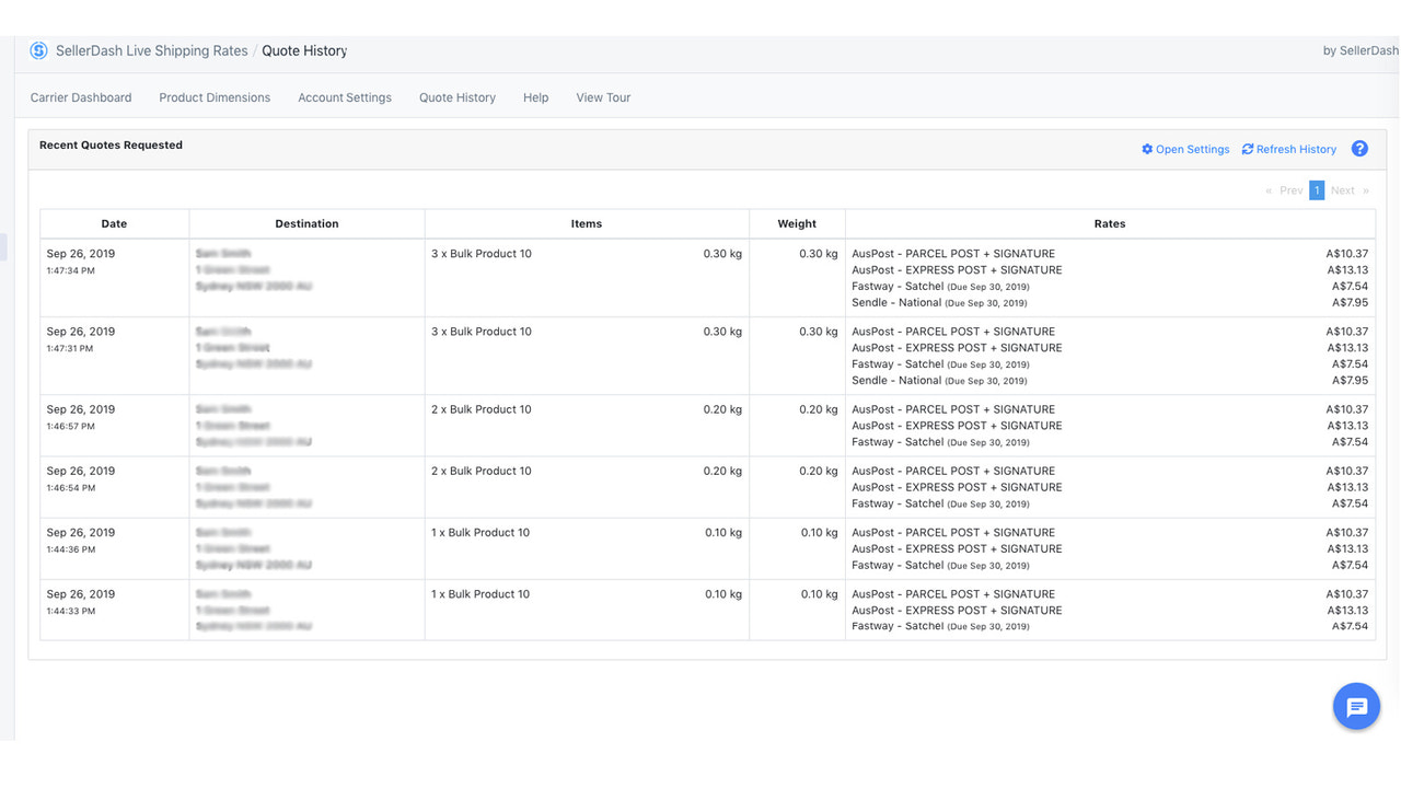 See a detailed history of all checkout rate quotes made