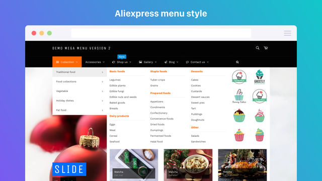 Stile del mega menu di Aliexpress