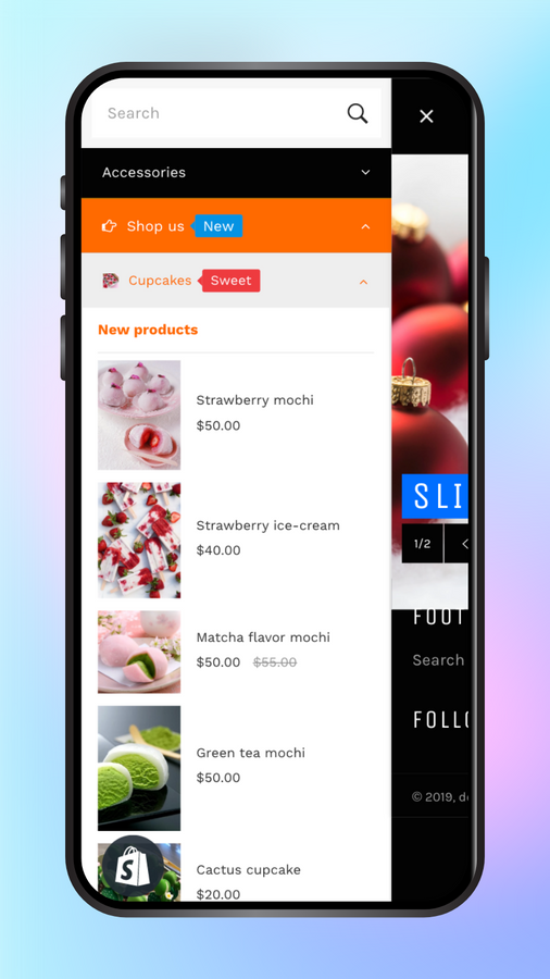 Products on mobile menu