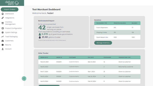 DeliverZero Main Dashboard to view stats at glance
