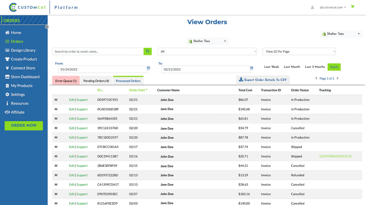 Verwalten Sie Bestellungen vom CustomCat-Dashboard