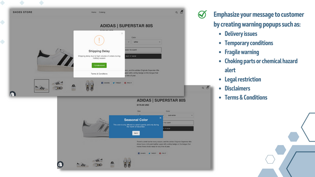 Reinforce your message to customer by creating a warning popup 