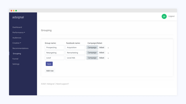 Adsignal Custom campaign and adset grouping