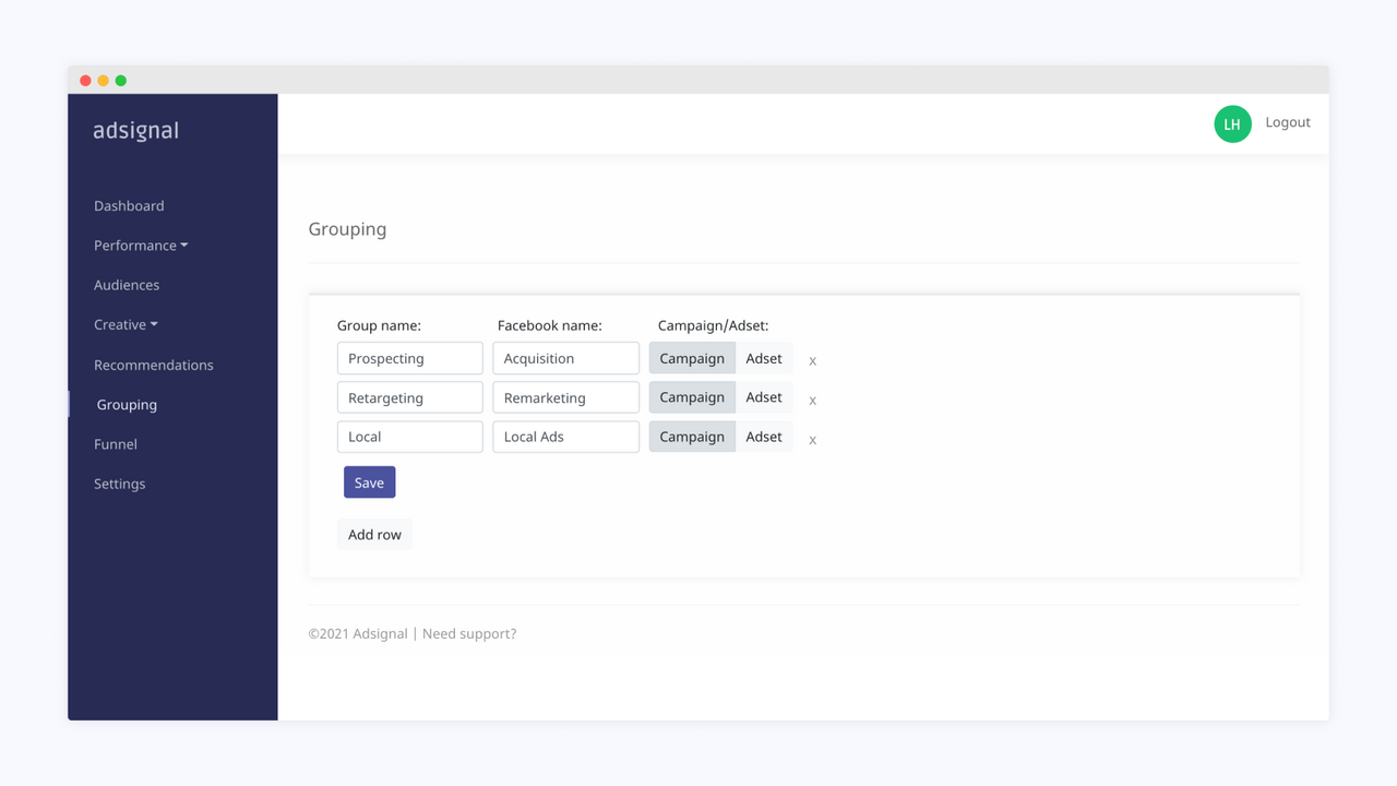 Adsignal Custom campaign and adset grouping