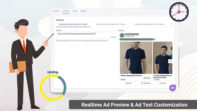 Vista previa de anuncios en tiempo real y personalización de texto de anuncios. Sincronización en vivo del catálogo