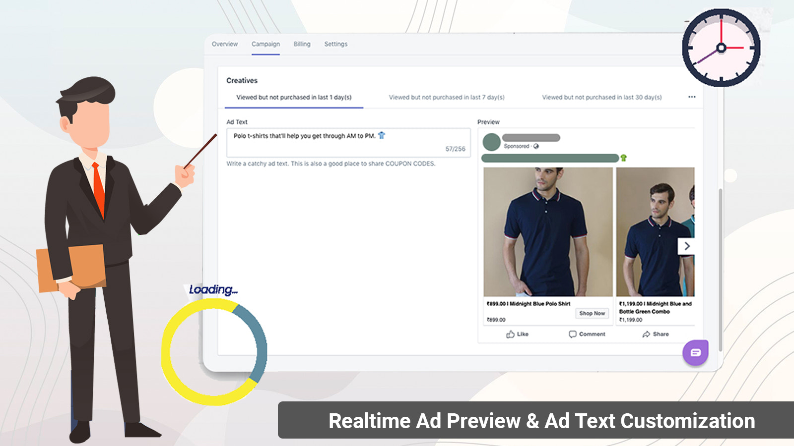 Vista previa de anuncios en tiempo real y personalización de texto de anuncios. Sincronización en vivo del catálogo