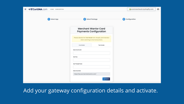 Añade los detalles de configuración de tu pasarela y activa.