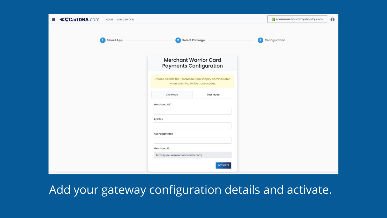 Añade los detalles de configuración de tu pasarela y activa.