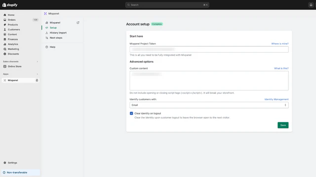 Écran de configuration de l'intégration Mixpanel