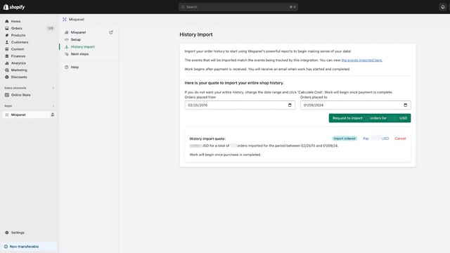 Tela de Importação de Histórico da Integração Mixpanel