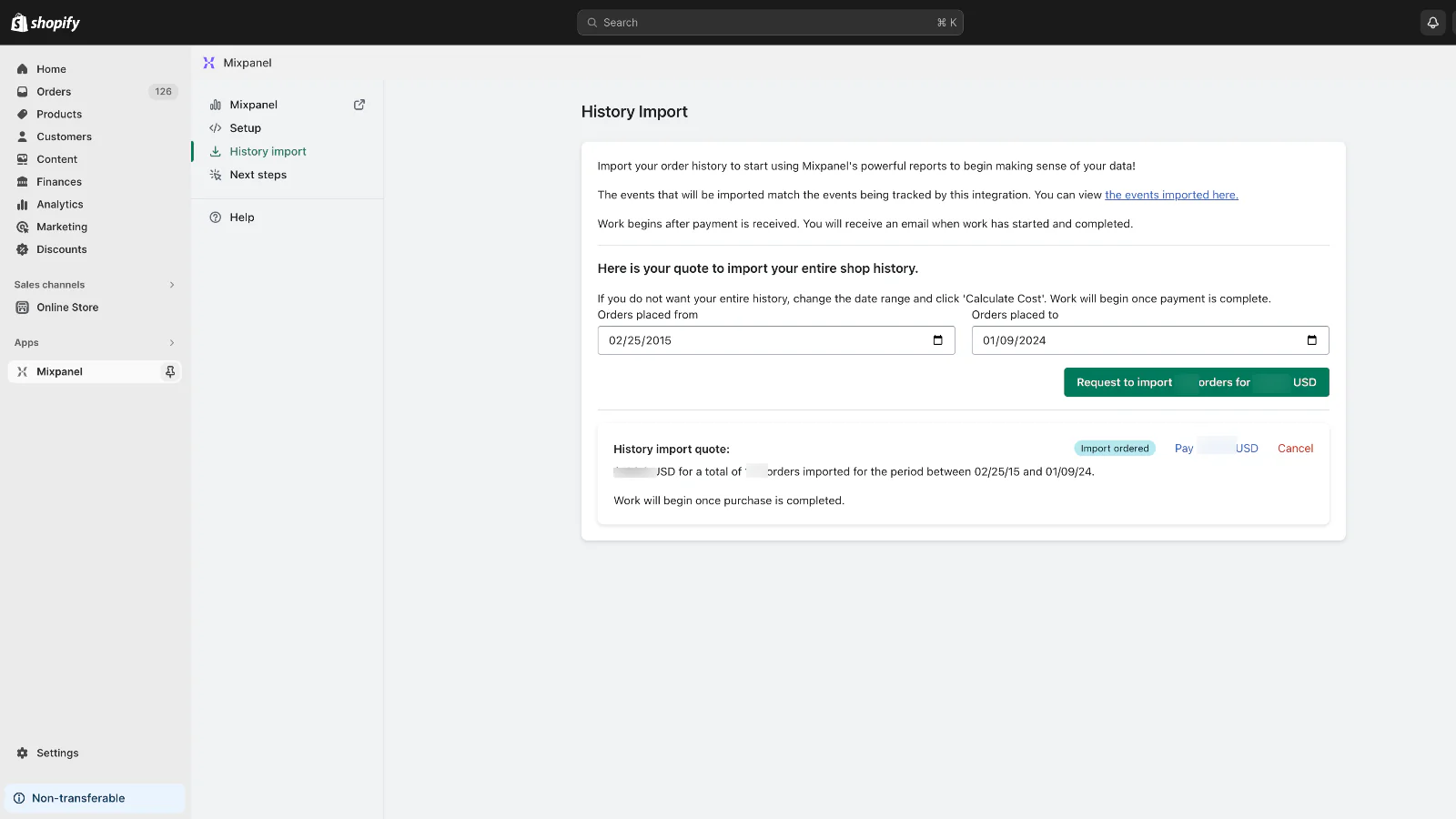 Écran d'importation de l'historique de l'intégration Mixpanel