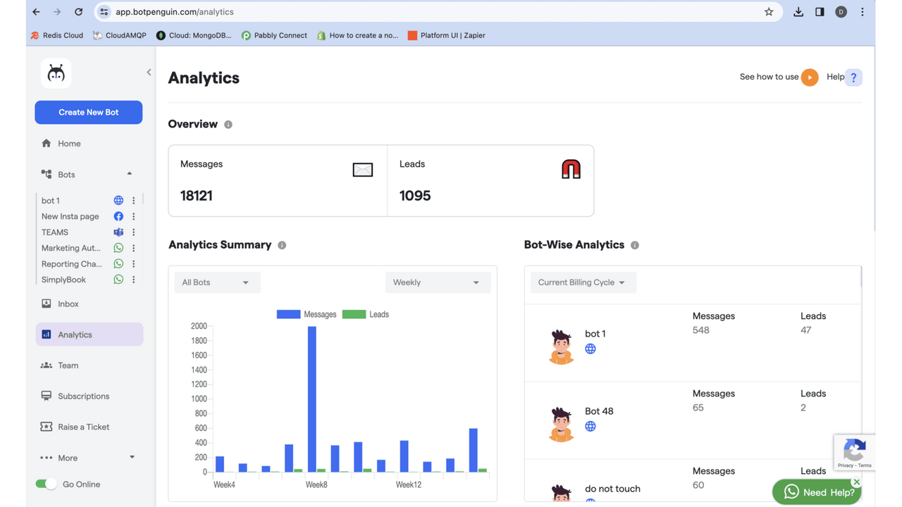 It shows the analytics page with the analytics for the bots