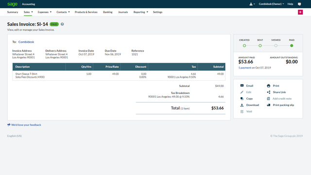 Shopify Sage Business Cloud Accounting booking