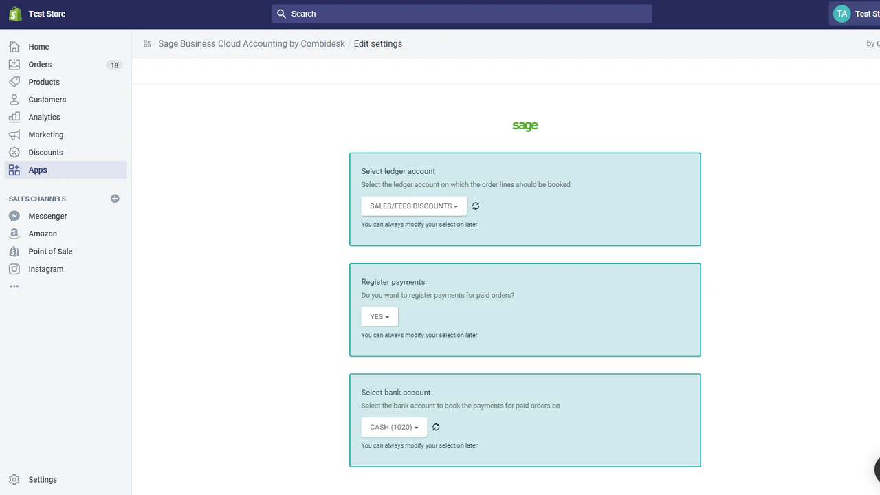 Configuraciones de Shopify Sage Business Cloud Accounting