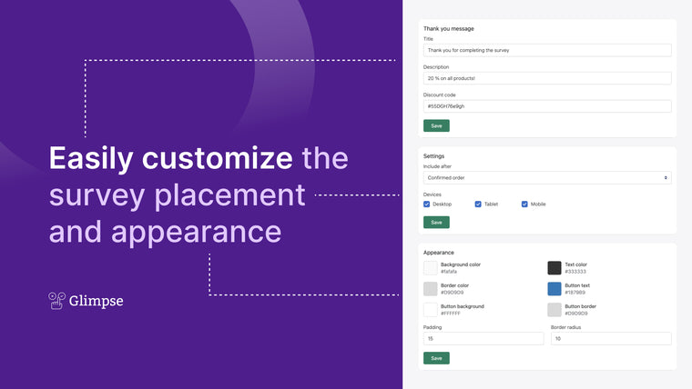 Glimpse: Post Purchase Surveys Screenshot