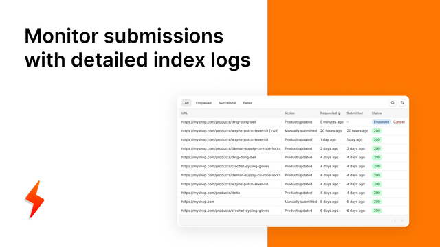 Monitore as submissões com logs de índice detalhados - InstaIndex