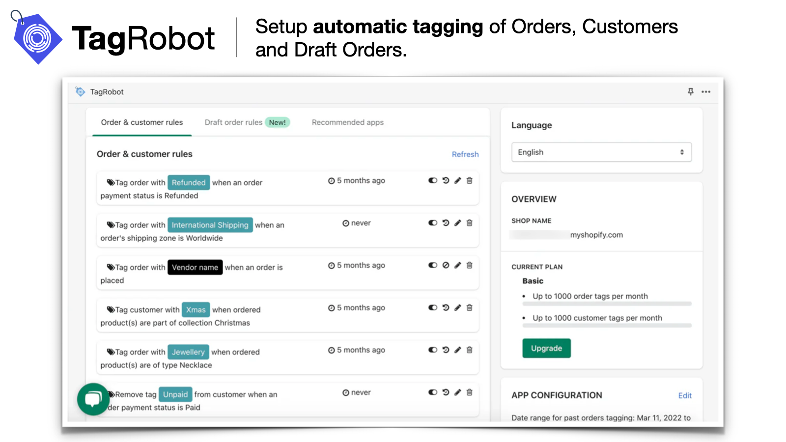 Setup automated tagging of Orders, Customers and Draft Orders