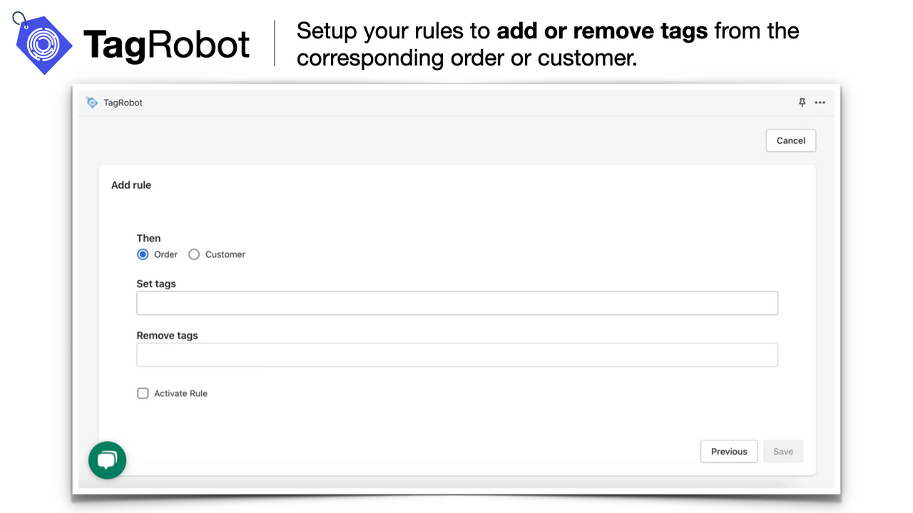 Configure regras para adicionar ou remover tags do pedido ou cliente
