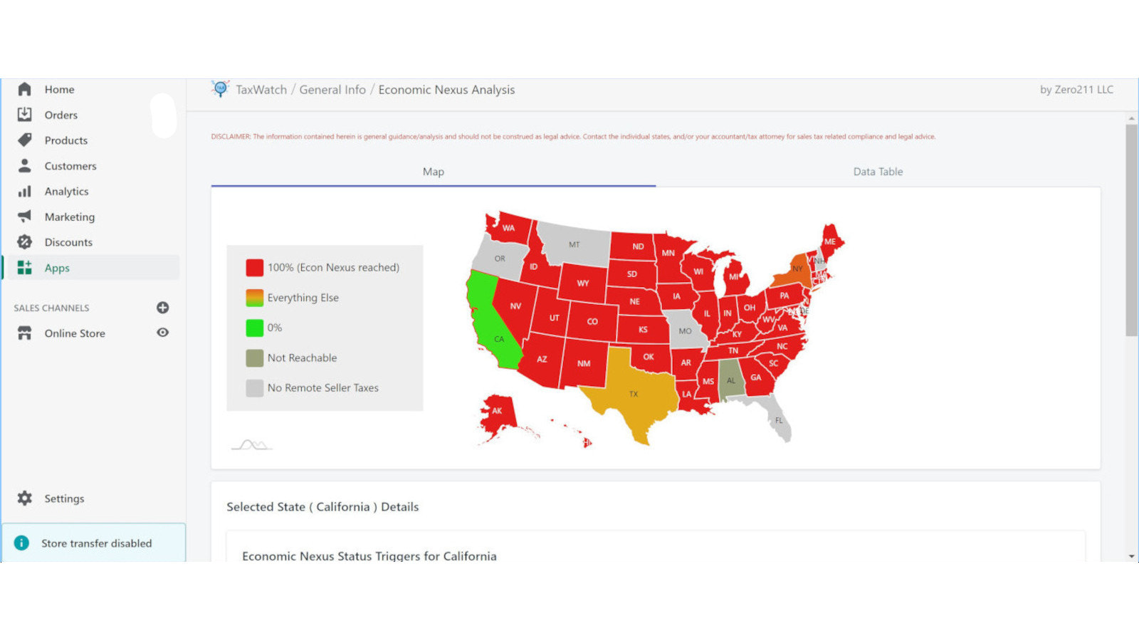 Mapa codificado por colores del estado del nexo económico de los estados de EE.UU.