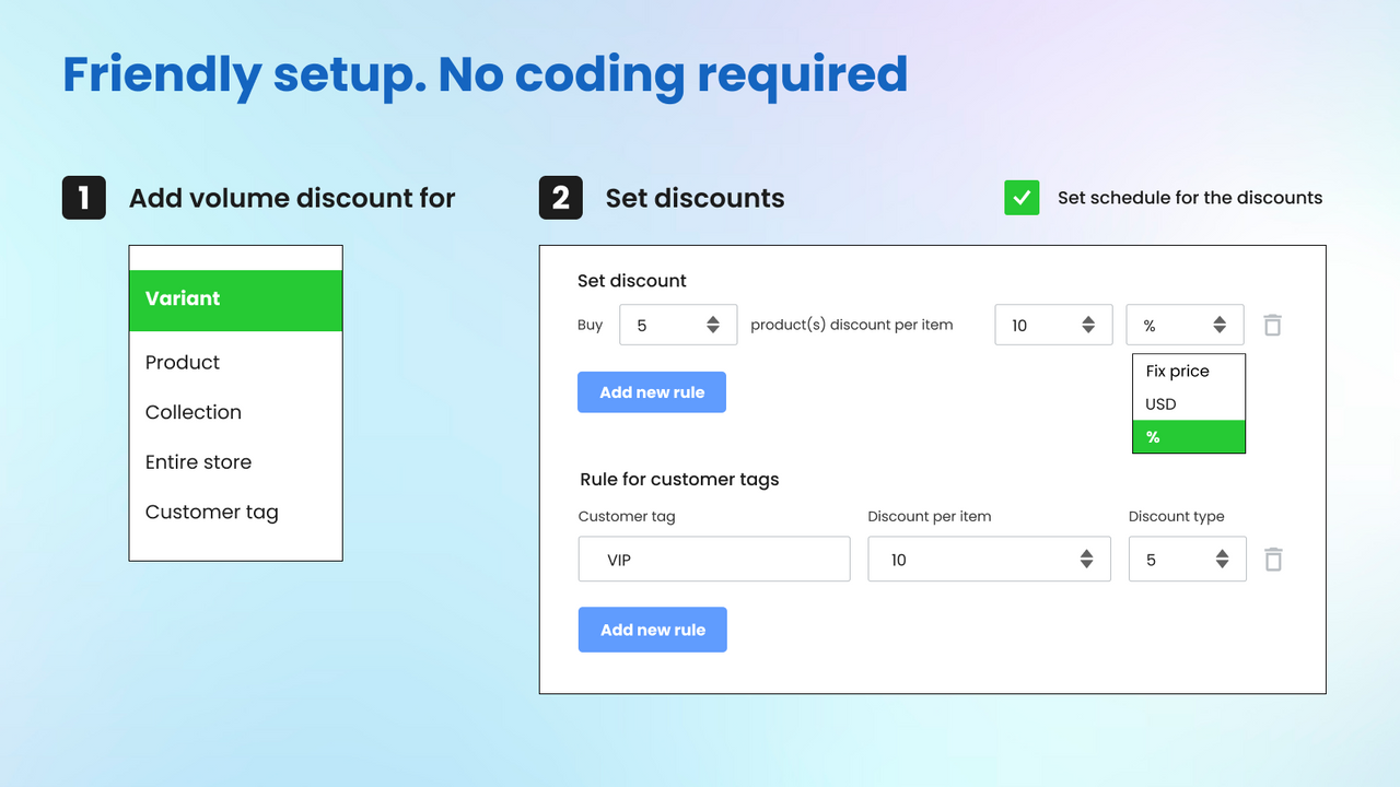 Friendly quantity breaks, volume discounts, bulk price setup