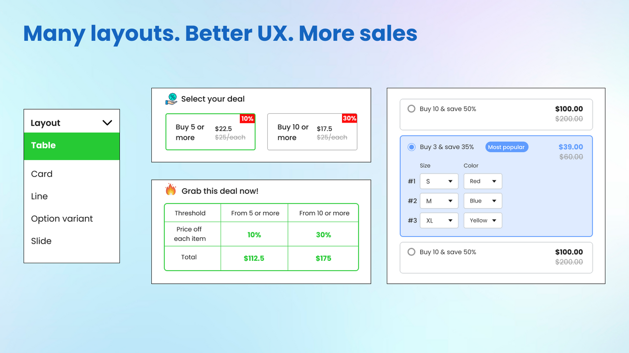 Customize quantity breaks, volume discount, bulk price layout