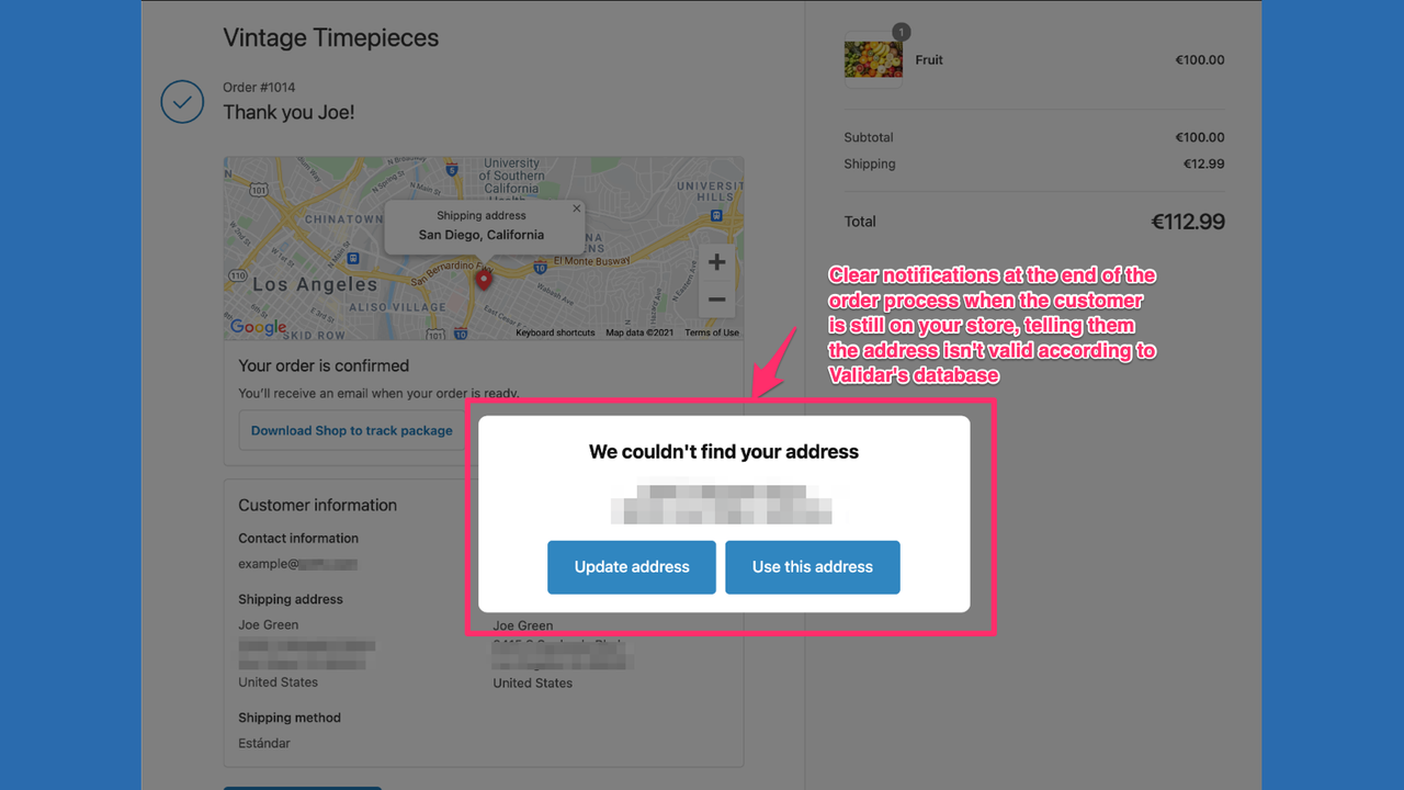 Validar can notify the customer the address isn't shippable