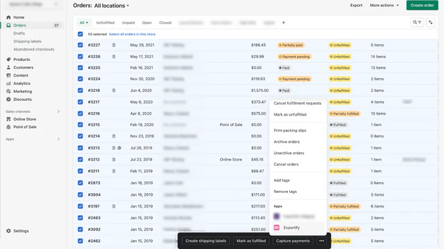 Exportify-Admin-Links im Menü für Massenaktionen auf /admin/orders