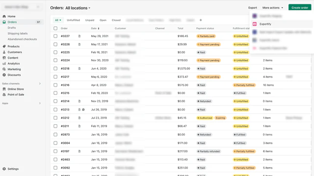 Exportify beheerlink in het "meer acties" menu op /admin/orders