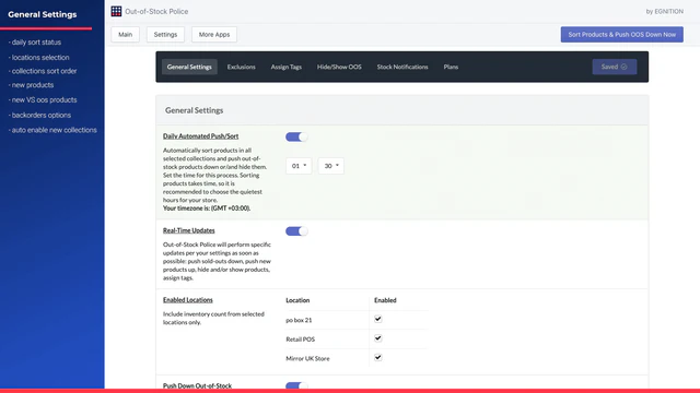 Configuración general para desplazar automáticamente los productos agotados hacia abajo