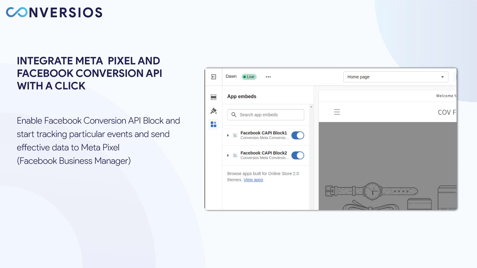   Meta Pixel & Conversions API  in theme block status.