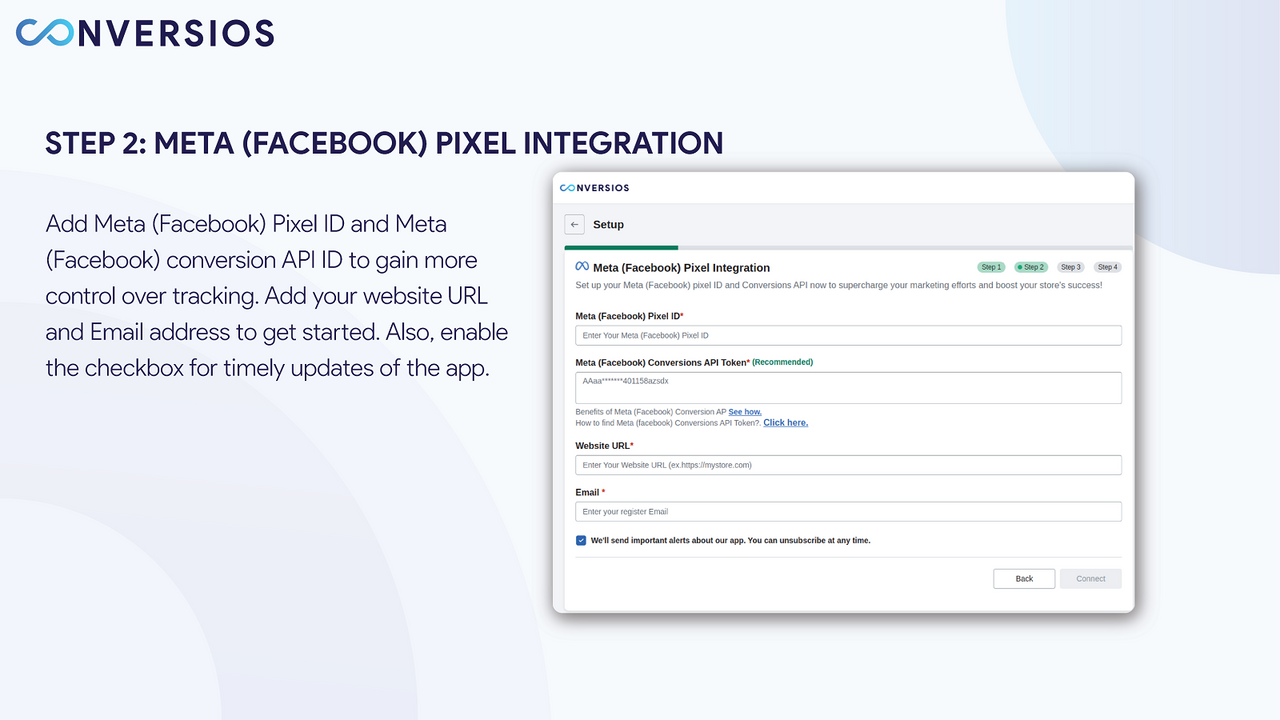Conversios Meta - Facebook Pixel & Conversions API app-indstillinger.