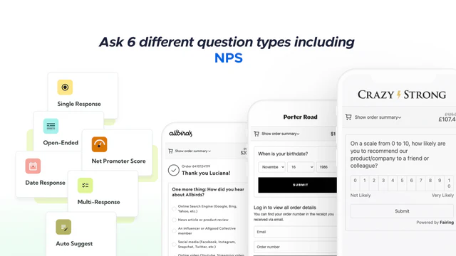 Fairing question types include NPS and multi-response.