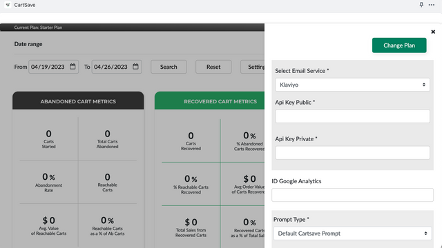 Panel de configuración de CartSave