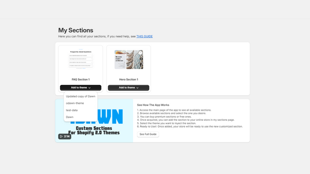 Page Mes Sections : Voir toutes vos sections acquises.