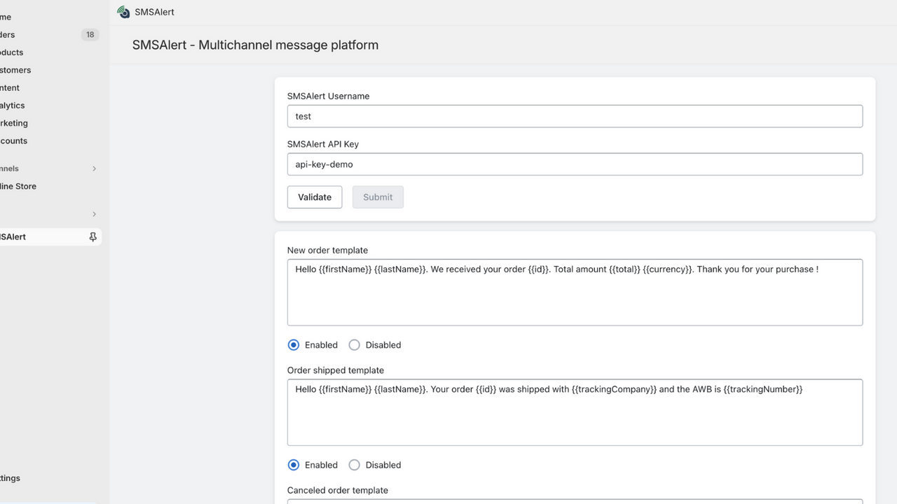 administrador de Shopify de SMSAlert
