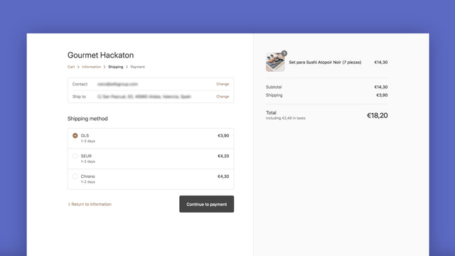Screenshot of order with shipping costs